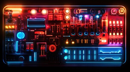 Abstract glowing schematic of a futuristic electrical panel in vibrant hues --ar 16:9 --v 6.1 Job ID: 6384a237-db86-4512-bb0a-af38881a6799