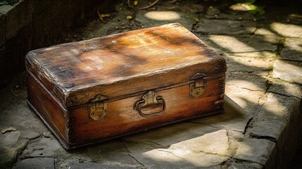 Antique wooden chest outdoors, sunlight dappled stone path, garden background, travel memory