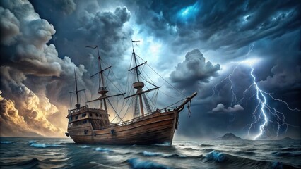 Weathered wooden hull of an old sailing vessel amidst turbulent stormy seas and dark grey clouds with lightning flashing in the background, shipyard, boats