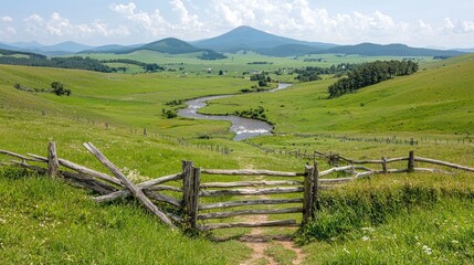 Serene river valley landscape, wooden gate, summer