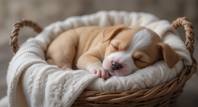 The puppy was sleeping on a basket covered with a blanket