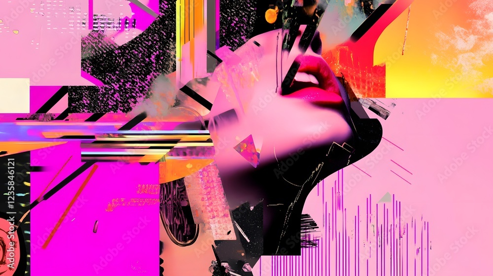 Poster captivating glitch art digital abstract composition with vibrant neon colors and dynamic distortions