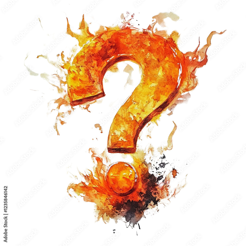 Poster A watercolor painting depicts a question mark engulfed in fiery flames creating an abstract and intriguing visual.