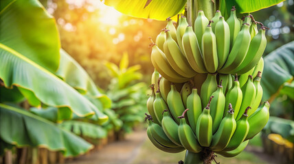Fresh green bananas hanging on a tropical tree
