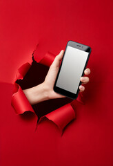 ### **50 Search Keywords for the Image**  
```
smartphone concept, technology innovation, hand holding phone, red background, digital communication, blank screen, mobile marketing, creative advertisin