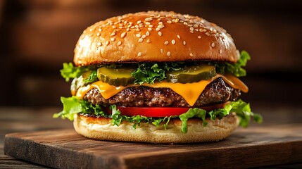 Deliciously mouthwatering gourmet burger presented on a rustic wooden cutting board