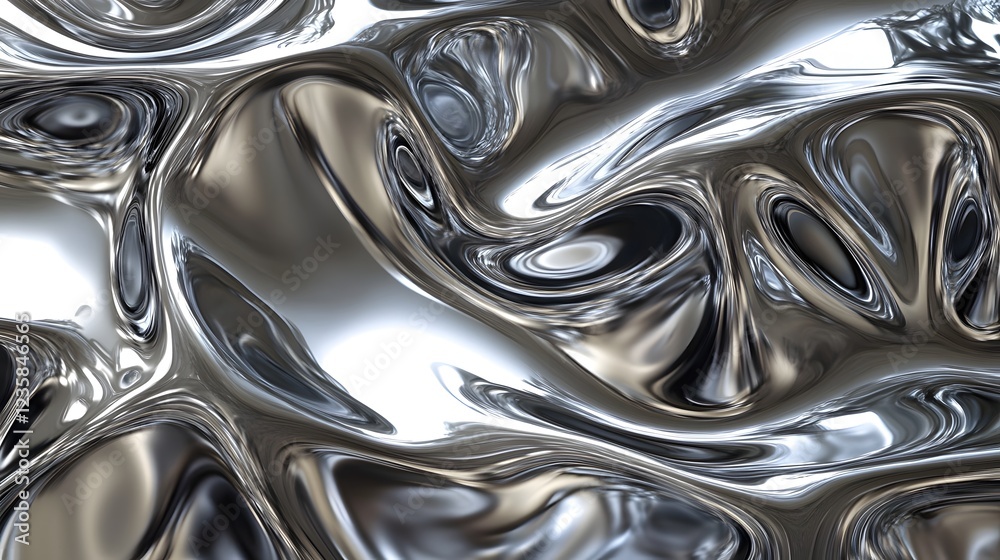 Fototapete Captivating Metallic Fluid Dynamics in Abstract Design   Swirling flowing and twisting metallic chrome elements create a mesmerizing abstract pattern that evokes a sense of movement energy