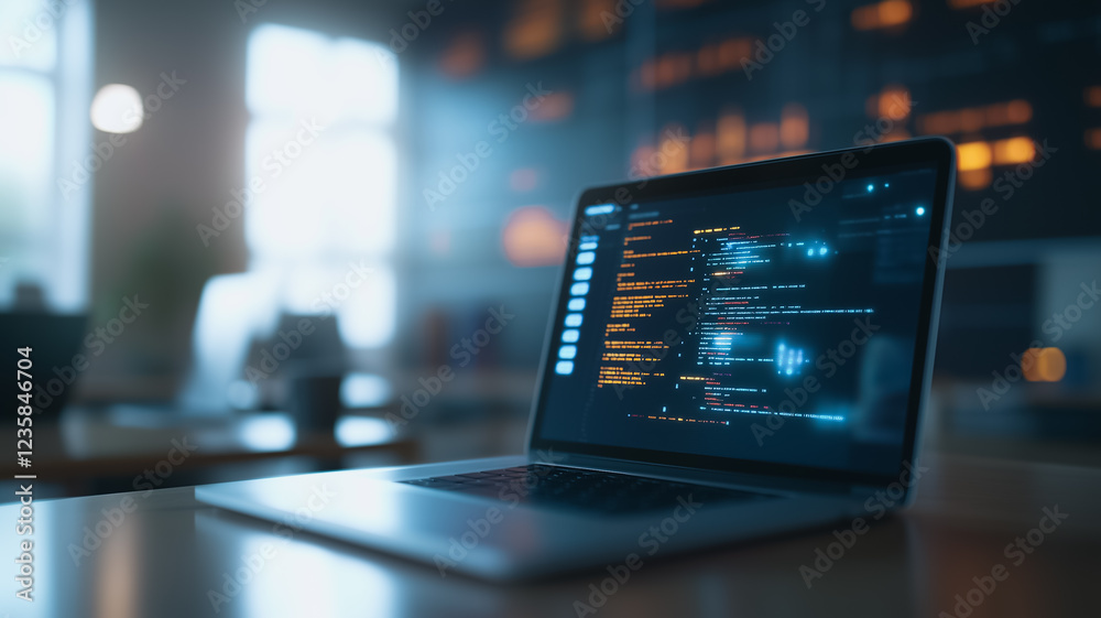 Poster code on the edge: a close-up of a laptop screen displaying lines of code in a darkened workspace, il