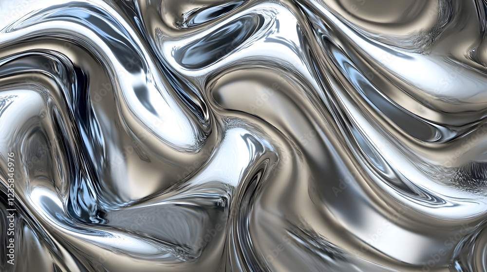 Poster Captivating Metallic Liquid Flow Mesmerizing Abstract Sculptural Design with Smooth Glossy and Fluid Curves Waves and Distortions Creating a Futuristic Modern and Elegant Visual Effect