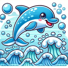 Obraz premium Playful dolphin jumping through waves with bubbles in a colorful underwater scene, marine fun concept