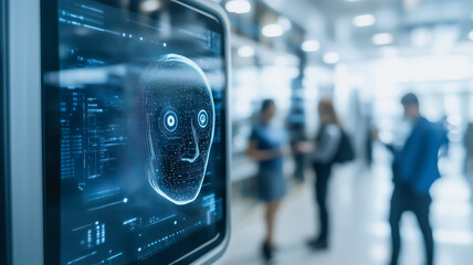 Facial Recognition Interface: A digital face, rendered in a futuristic blue hue, takes center stage on a screen in an office setting.