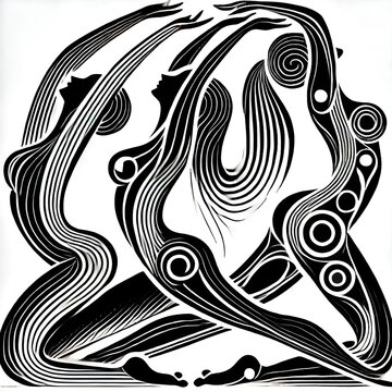 Abstract figures dancing together with flowing lines and curves, unity and expression concept