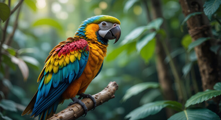 Fototapeta premium Parrot blue and yellow perch on branches in the forest