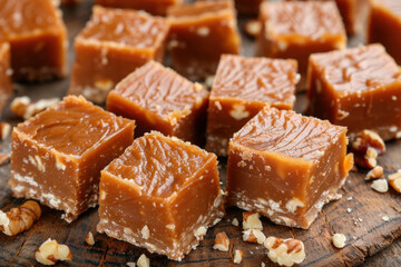 A batch of freshly cut caramel fudge cubes with a smooth, chewy texture and crunchy nut pieces. The rich golden brown color and rustic presentation make it an irresistible sweet treat.  
