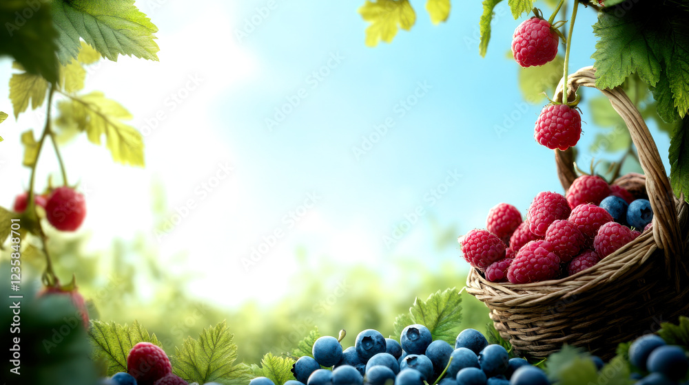 Poster A vibrant scene of fresh raspberries and blueberries in a basket, surrounded by lush green leaves and a bright, sunny sky.