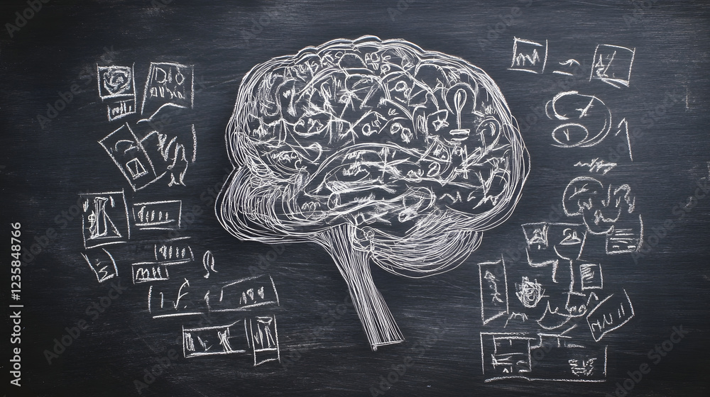 Aufkleber Chalk drawn diagram of a human brain on a blackboard representing the concept of education learning process intelligence and cognitive functions