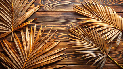 Dried palm leaves arranged on rustic wooden background