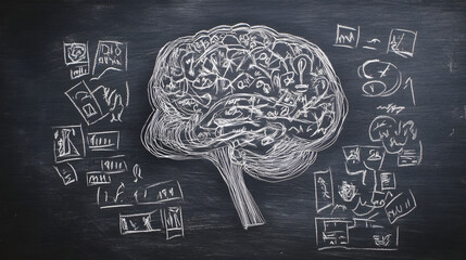 Chalk drawn diagram of a human brain on a blackboard representing the concept of education learning process intelligence and cognitive functions