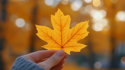 Hand holding a withered yellow leaf on a golden autumn background
