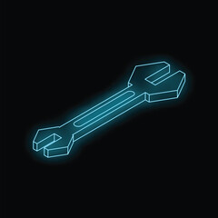 Neon blue wrench glowing on a dark background, perfect for technology and diy concepts