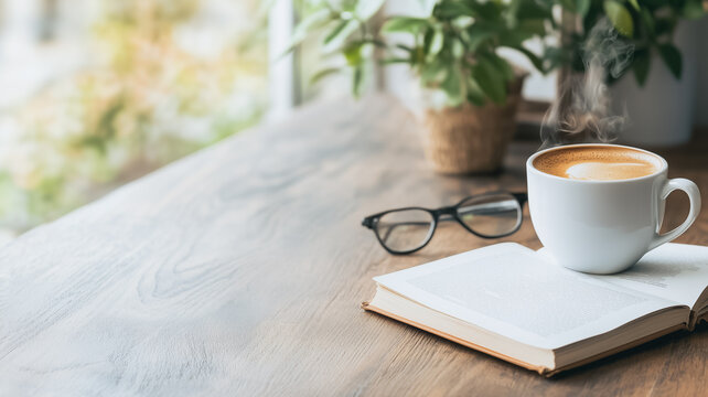 Cozy Coffee Shop Moment: A steaming cup of latte art coffee rests on an open book, next to eyeglasses, creating a tranquil scene of relaxation and reading in a coffee shop.
