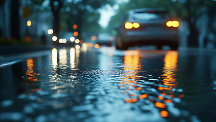 Heavy rainwater puddles on the road, cars slowly drive past ponds, and against a blurry background, pedestrians.
