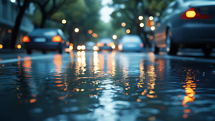 Heavy rainwater puddles on the road, cars slowly drive past ponds, and against a blurry background, pedestrians.
