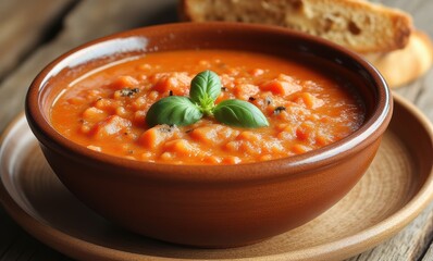Delicious tomato soup with basil garnish