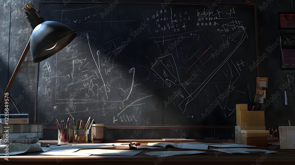 Poster Chalkboard Filled with Academic Formulas Diagrams and Notes in a Classroom Setting  Concept of Education Learning Teaching and Scientific Study