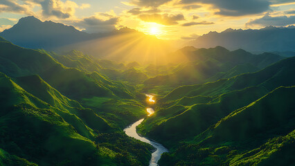 Lush green mountains with a river flowing through the valley between them, sunlight background.