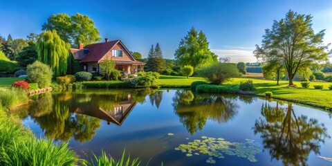 Obraz premium A serene landscape of a rural house with a lush green garden and a calm pond in the background