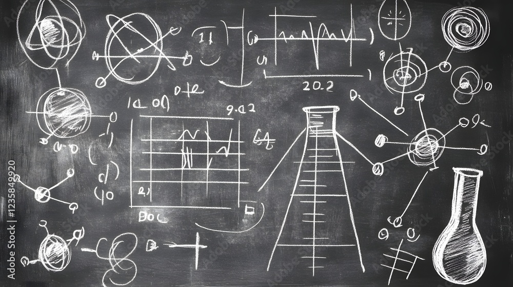 Poster Chalkboard filled with various scientific formulas equations diagrams and sketches representing academic research education and innovation in the fields of physics chemistry