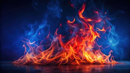 Fototapeta premium Vibrant red flames dancing on a dark blue canvas, surrounded by an aura of fiery energy, red flame, fire, red flame