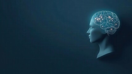 Fototapeta premium A conceptual representation of artificial intelligence, showcasing a head silhouette with a glowing brain on a dark background. Creativity idea and vision concept.