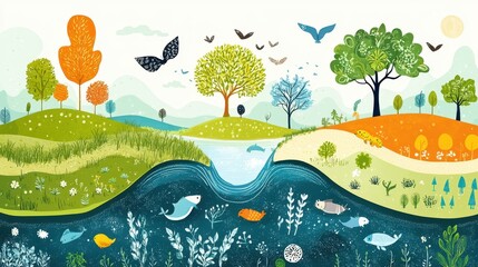Naklejka premium Whimsical Landscape Illustrating Diverse Ecosystems Harmony