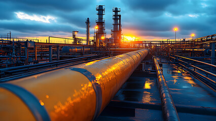 Natural gas transportation pipeline, with golden light.