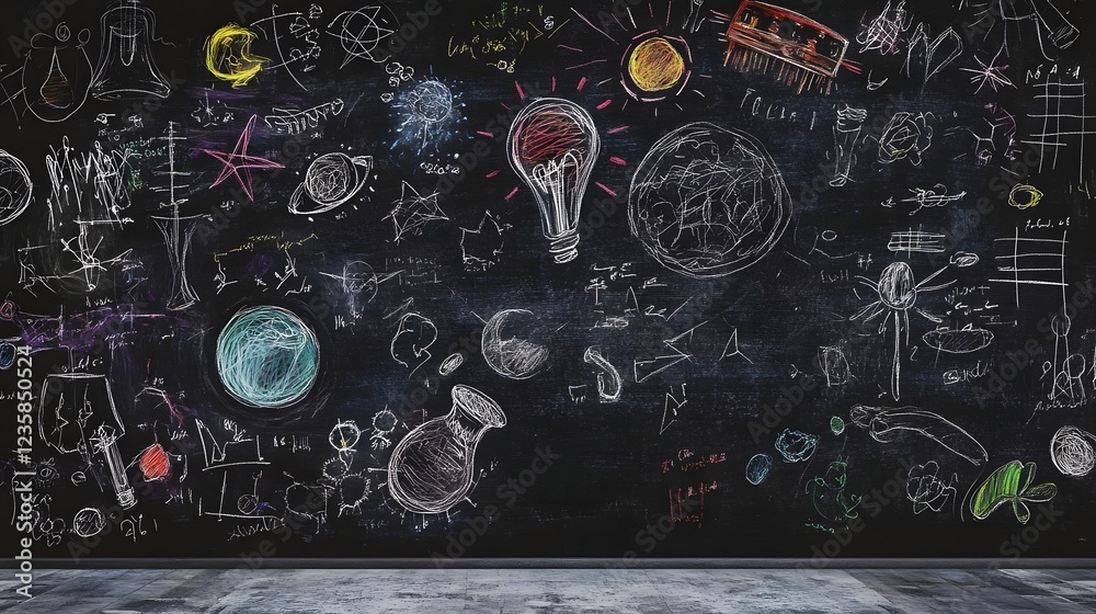 Leinwandbilder chalkboard or blackboard filled with a variety of hand drawn doodles diagrams sketches and symbols s