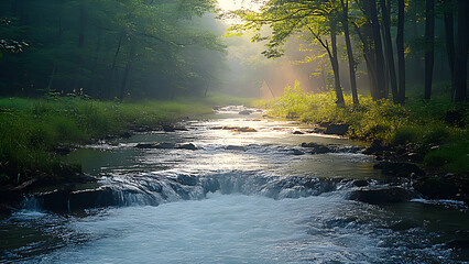 Natural river flow with dense trees on the sides.