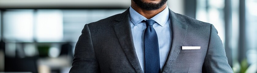 Professional Man in Suit Standing Confidently in Modern Office Space