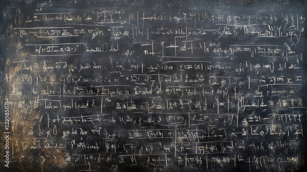 Poster chalkboard or blackboard with handwritten mathematical equations formulas diagrams and other technic