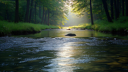 Natural river flow with dense trees on the sides.