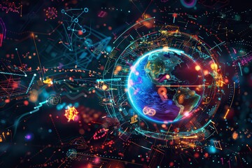 Obraz premium Futuristic Abstract Global Trade with Neon Symbols