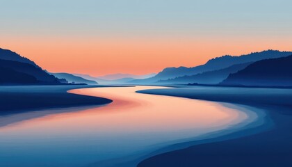 Fototapeta premium Serene Sunset River Winding Through Mountains