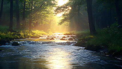 Natural river flow with dense trees on the sides.