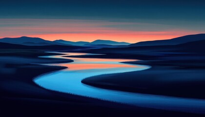 Fototapeta premium Serene River Winding Through Majestic Mountains at Sunset