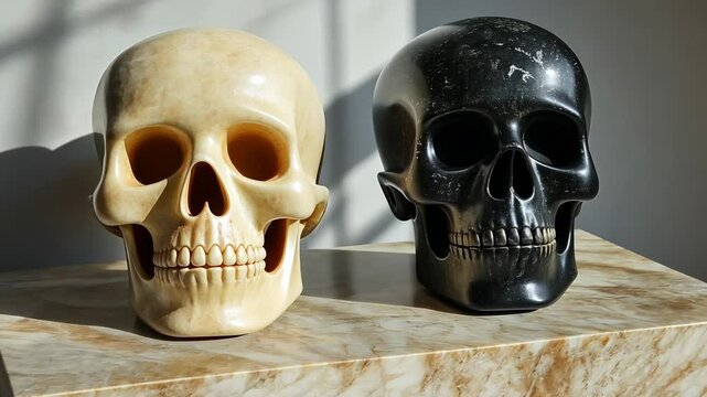Dual Sculptures: A Study in Contrast. Intriguing craftsmanship displayed in these two intricately carved skulls.