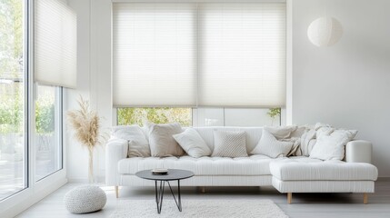 Serene white living room, sunlight streams in.