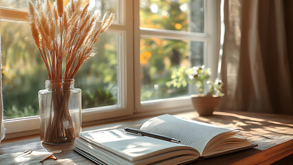 Notebook and pen on a study table with a window in the background. This room features a modern minimalist style