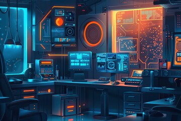 Obraz premium Futuristic Fintech Office with Glowing Gadgets and Screens