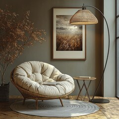 Cozy Room Decor Featuring Wicker Chair and Floor Lamp